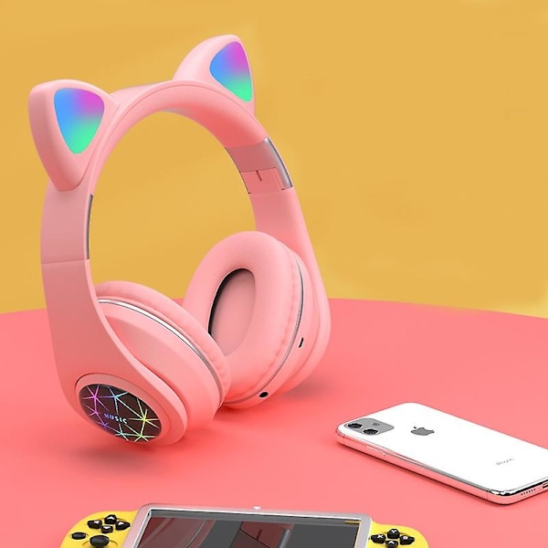 Trådløst hodetelefonsett med katteører, Bluetooth, lysende, all-inclusive, 5.0, Bursdagsgave til bestevenn, Gul