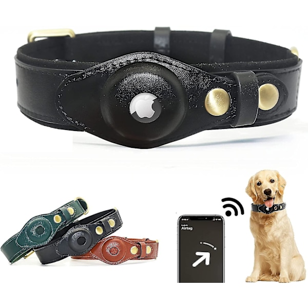 Airtag Hundhalsband, Justerbart Hundhalsband i Naturligt Nötskinnsläder med Hållare Kompatibel med Airtag Brown M