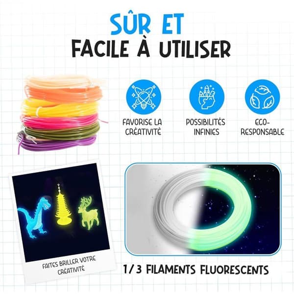 3D-pen filament - 10 farver PLA-filament 1,75 mm (1 fluorescerende) - Materiale og 3D-pen refill (50 m, 10 farver)