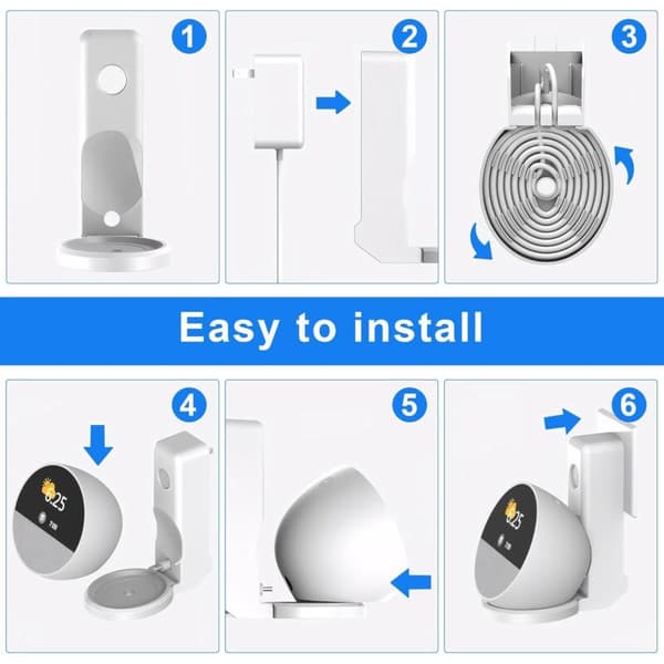 Veggmontert stikkontaktholder for Echo Spot - Google høyttalerholder - Integrert kabelhåndtering - Veggfeste - Borefrie tilbehør