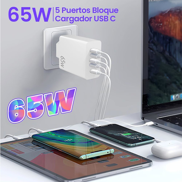 65W USB C Laddare, 5 Port USB C, 5 i 1 Dubbel PD+QC Laddningsblock, Snabb Multi-Laddning för iPhone 15/14/13/12/11