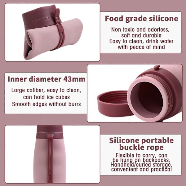 Hopfällbara vattenflaskor, 600 ml hopfällbar vattenflaska, bärbara silikonreseflaskor, BPA-fria hopfällbara dricksvattenflaskor Pink