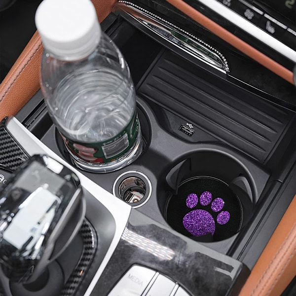 2 st Bling Glitter Rhinestone Paw Print Cup Coaster för Bil, Gummimatta med halkfri insats, Universal Bilinredning Purple