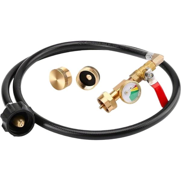 Propangasflaske genopfyldningsadapter, gasflaske fitting med belyst måler, messingforbindelse med slange til camping BBQ og RV grilltank