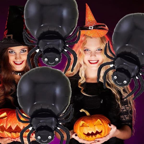 Sæt med 4 store edderkop-folieballoner til Halloween-festdekoration, sort