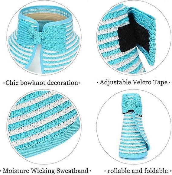 Store Strand Solhatte til Kvinder Foldbar Bredskyggede Hat til Damer Visir Kasket Spand med Sløjfe Sky Blue Stripe
