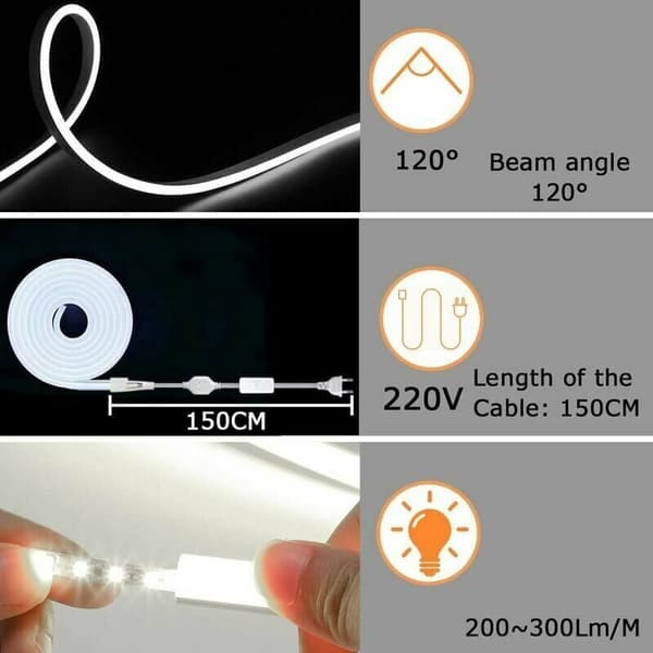 Neon LED-stripe, 2m kaldhvit LED-lysstripe, 220V fleksibel neon LED-stripe, IP65, 120 lysdioder/M