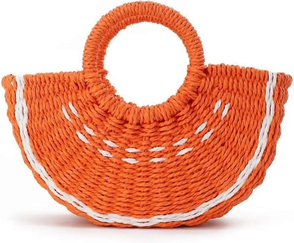 Vattenmelonformad strandväska för kvinnor, handvävd rund väska sommarhandtag Naranja
