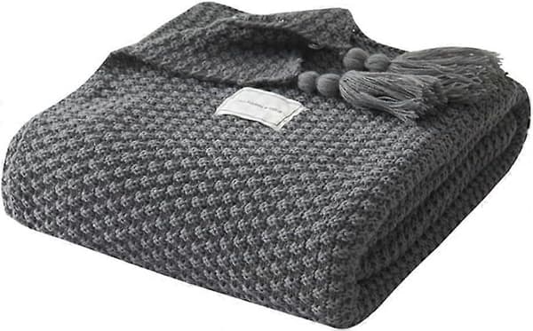 Nordisk Strikketeppe med Dusker 110x150cm Strikket Sofateppe for Kontorstol Sofa Alle Årstider (Grå)