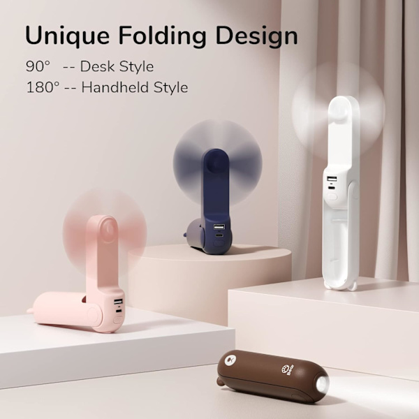3-in-1 pieni kädessä pidettävä tuuletin, kannettava USB-ladattava pieni taskutuuletin varavirtalähteellä, taskulampputoiminto naisille, matkustaminen, pinkki