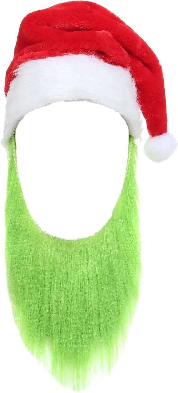 Grön tomtemössa med skägg för män, vuxen julcosplay