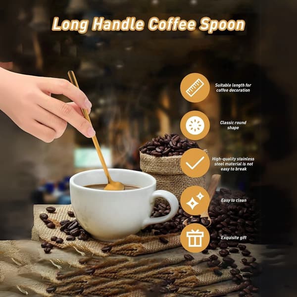 Set med 4 långskaftade skedar, perfekta för att röra om kaffe, te, iste och glass hemma.
