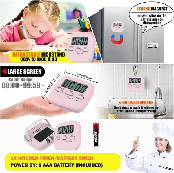 Digital Kökstimer/Rosa Timer för Barn med Fäste och Hänghål, HD Ljudkvalitet Magnetisk Stoppur
