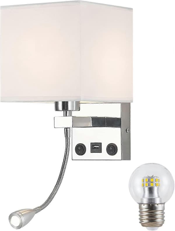 Væglamper, moderne væglamper til soveværelse med USB-port og læselampe, sengelamper til hotel, stue, kontor (sølv)