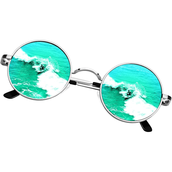 SDIGV Runda Solglasögon Män Kvinnor, Retro 70-tals Polariserade Hippie Lennon Cirkel UV400 Herr Solglasögon Silver Frame Green
