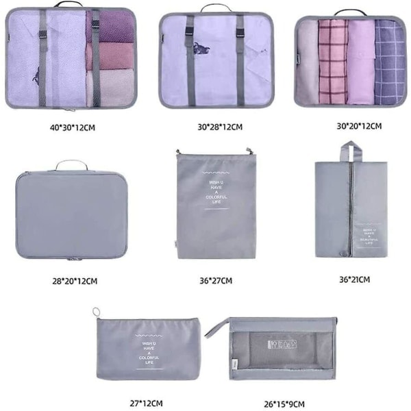 8-pack Organizer Set för Resväskor, Förvaringsväskor, Packningskuber, Reseväskor, Presenter Grey