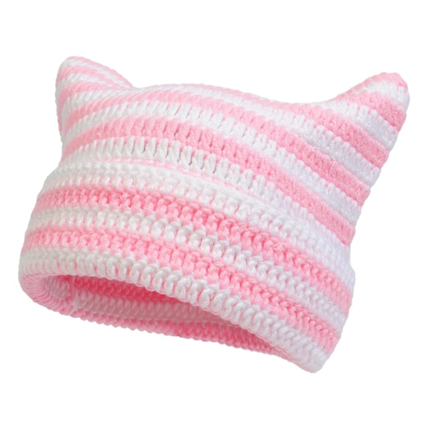 Höst Vinter Utomhus Varma Stickade Mössor Söt Randig Katt Öra Hatt Huvudbonad Ullgarn Stickad Beanies Pink-White
