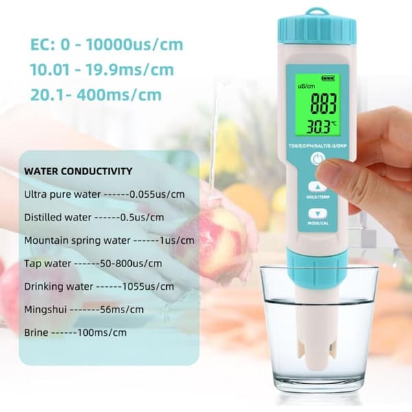 Vandkvalitetstester, 7-i-1 pH-meter og pH/TDS/SALT/ORP/SG/TEMP/EC-tester, pH-meter med LCD-skærm, til drikkevand, swimmingpools