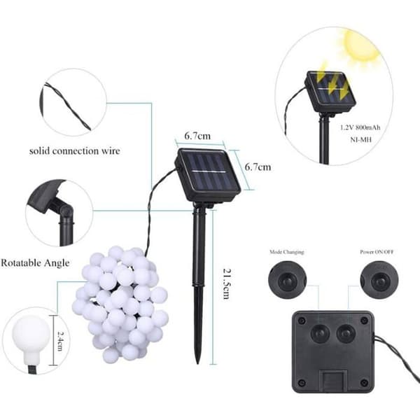 1 stk. solcelle-LED-lyskæde 50 lys - 7 meter, varm hvid - 8 justerbare tilstande - IP44 vandtæt - LED-kuglelampe til camping