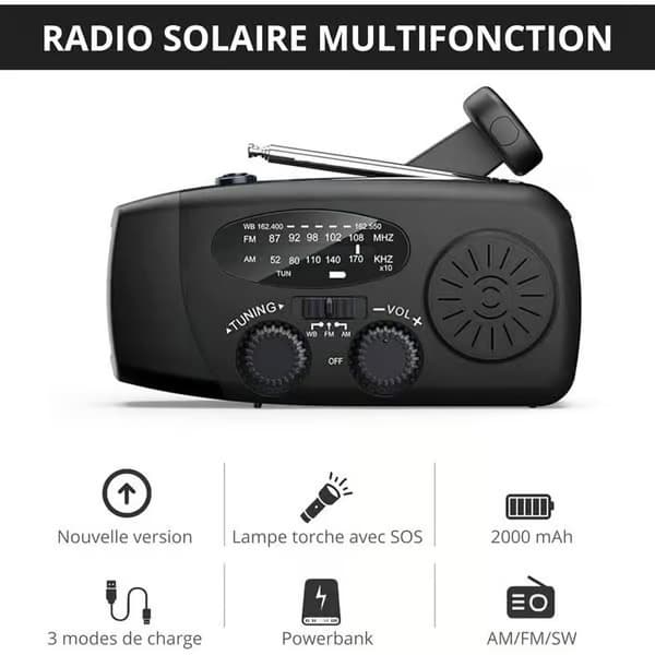 Solarradio - Överlevnadskit - 2000 mAh - AM/FM/WB (NOAA) - SOS LED-ficklampa