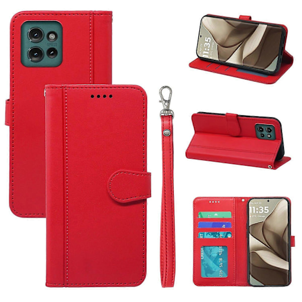Motorola Edge 50 5G Lompakkokotelo Magneettikiinnityksellä Nahkainen Puhelinkotelo Hihnalla - Punainen Multicolor Red