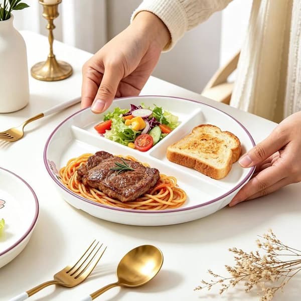 Delad tallrik - Set om 2 - Keramik - 3 sektioner - portionskontroll - 20,5 cm