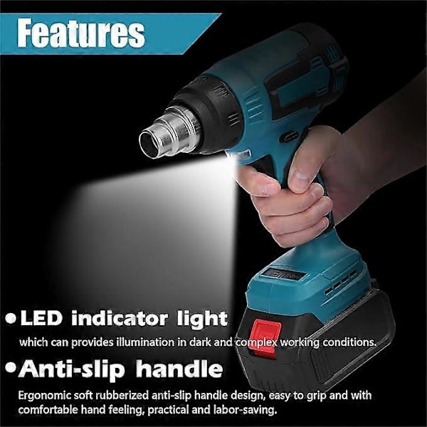 Ledningsfri Varmepistol, Varmepistol til Makita 18 V Batteri, med Reducer, Bred Dyse, Reflektordyse, Temperatur op til 550 C, LED-belysning, Varmepistol til Svejs