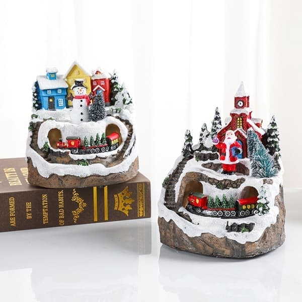 Juleby Lysende Spilledåse, Snebjerg Roterende Tog, Snemand Model, Juleboligindretning Gavekollektion B