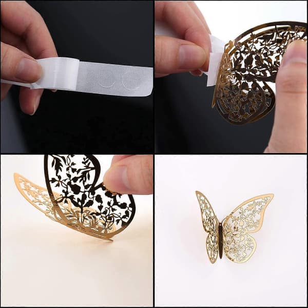 24 kpl 3D-perhostarraa, 3 kokoa, perhostarrat huoneeseen gold
