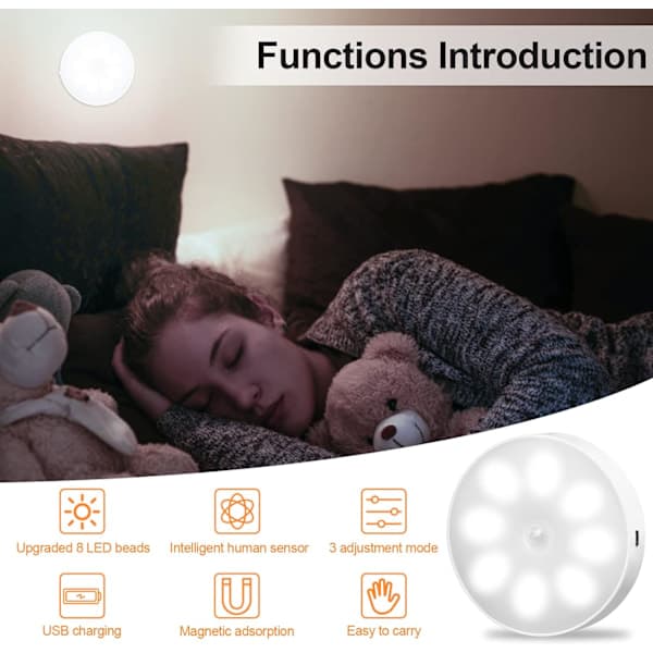 USB Genopladelig Bevægelsessensor Natlampe Skabslys 8 LED 3 Tilstande (Auto/On/Off)