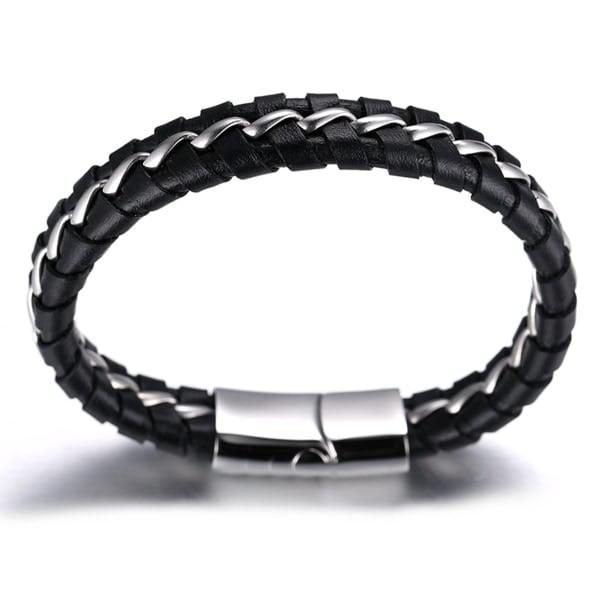 Børne Drenge Ægte Læder Armbånd Sort. Titanium Sølv Kæde