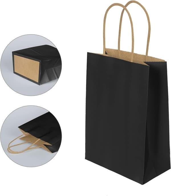 Papirposer til fester, 12 gave- og godteposer med håndtak, gule kraftpapirposer til barnefester, bursdager, bryllup, jul Black