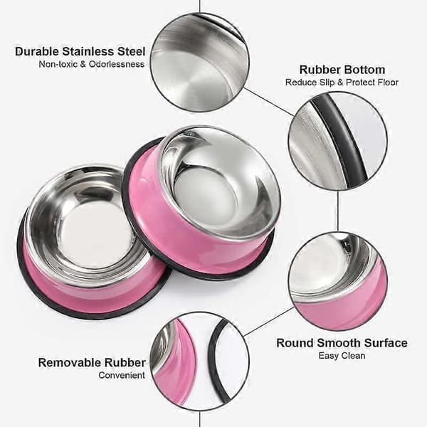 2 stycken hundskålar, hund- och kattskålar i rostfritt stål för utfodring av vatten och mat A pink L 2 Count