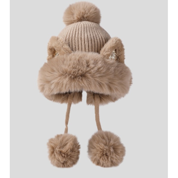 Damernas Två Boll Kattöron Öronlapp Beanie Varm Stickad Hattar Fluffig Plysch Tjock Päls Vinterhatt Khaki