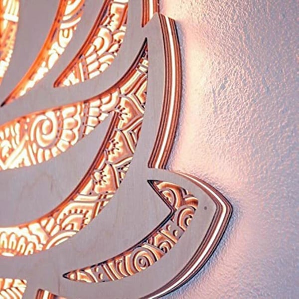 Lotusblomma Mandala Yogarum Konst Trävägglampa Med Dimmer - Perfekt För Avkoppling Och Dekoration