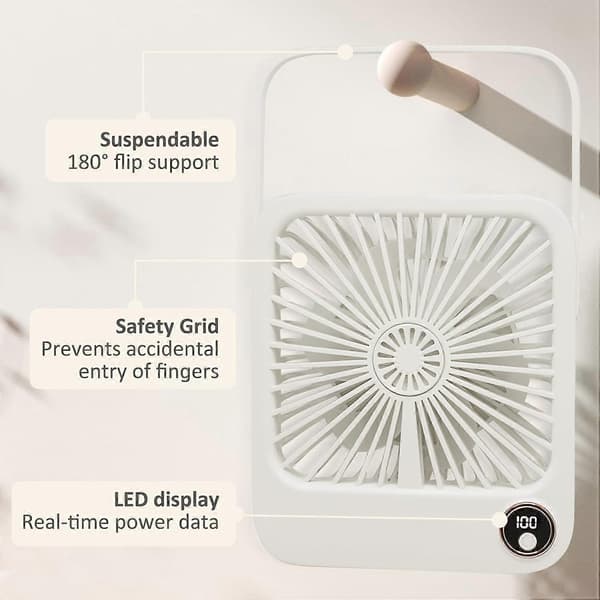 Støjsvag USB-ventilator, kraftfuld lille ventilator, 2000 mAh bærbar genopladelig ventilator, med LED-display, til kontor, bibliotek
