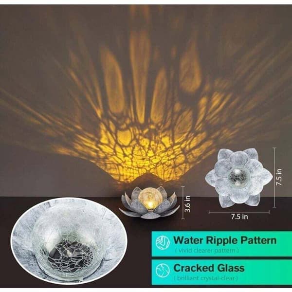 Solcellelamper for utendørs hage, dekorasjon med lotusblomst i krakelert glass, vanntette LED-metalllys