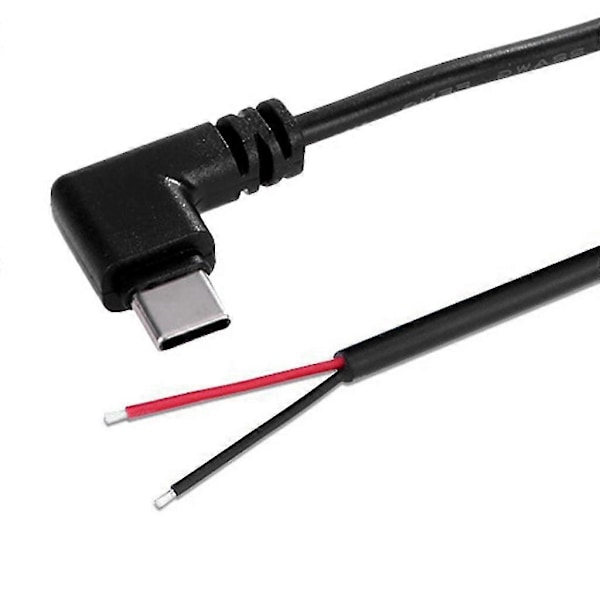 USB C Pigtail 2-pin Strømkabel Bare Ledning 22AWG Støtter 5V 3A Lading 25cm Elbow