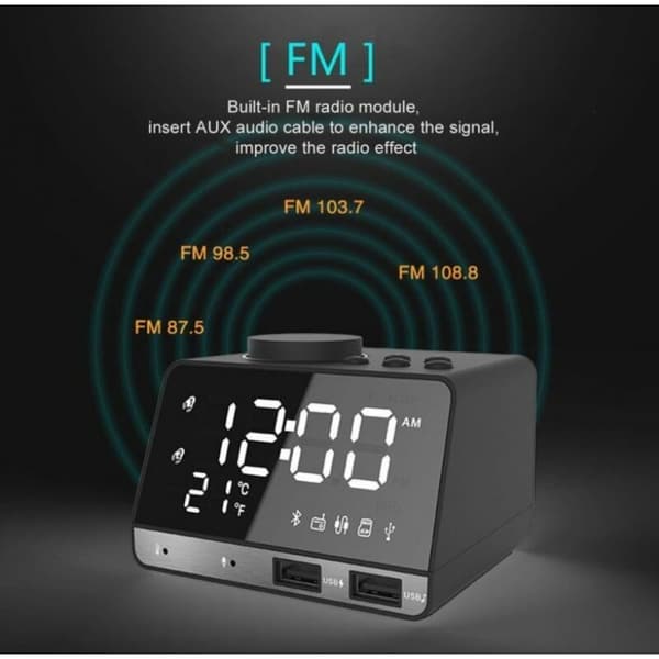 LED dubbel väckarklocka spegelklockradiohögtalare för badrum med bas, trådlös Bluetooth + USB-port + FM