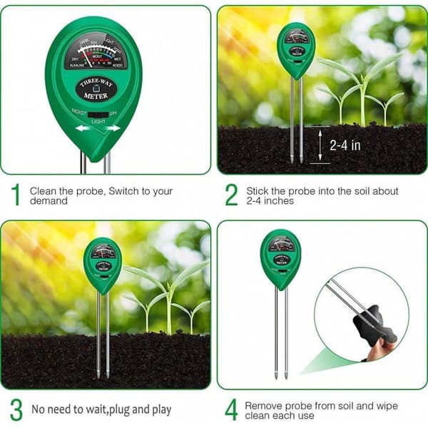 3-i-1 Jordfuktighetsmåler, pH-tester og sollysmåler for planter