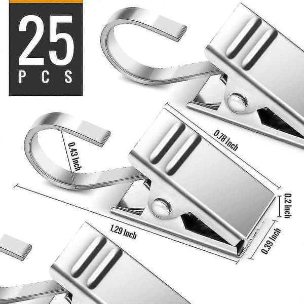 25-pack gardinklämmor, metall, med krokar för ljusslingor, rostfria gardinklämmor, silver, för foton