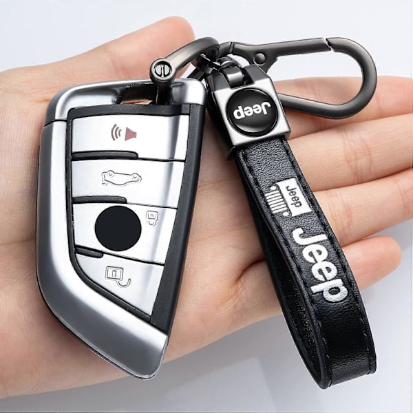Äkta Läder Nyckelring för Jeep Bilnyckel Fob Nyckelkedja Keychain Wrangler Compass Cherokee Män och Kvinnor, Bilnyckel Svart