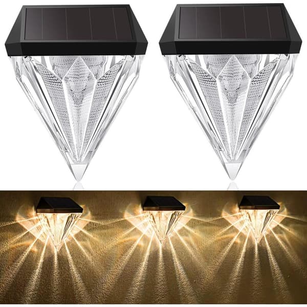 Utendørs solcellehagelys, 2 stk varmhvite solcellelys IP44 vanntette dekorative solcellelys for gjerde, uteplass, trapper, vegg (diamant)