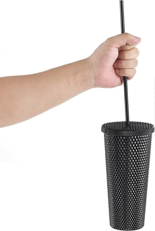 Studsad Tumbler med Lock och Sugrör, Återanvändbar Mugg med Sugrör Lock, Plastvattenflaska, Iskaffe Resemugg - Svart