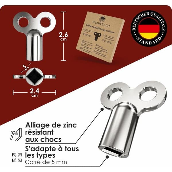 Radiatornyckel - 3-pack - Aluminiumlegering - 5 mm fyrkantsfäste - För standardventiler - Brusreducering