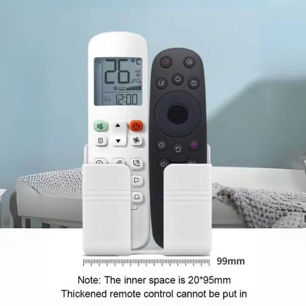 Väggmonterad telefonhållare, ingen borrning krävs, vertikal design, med fjärrkontrollförvaring och laddningsfunktion.