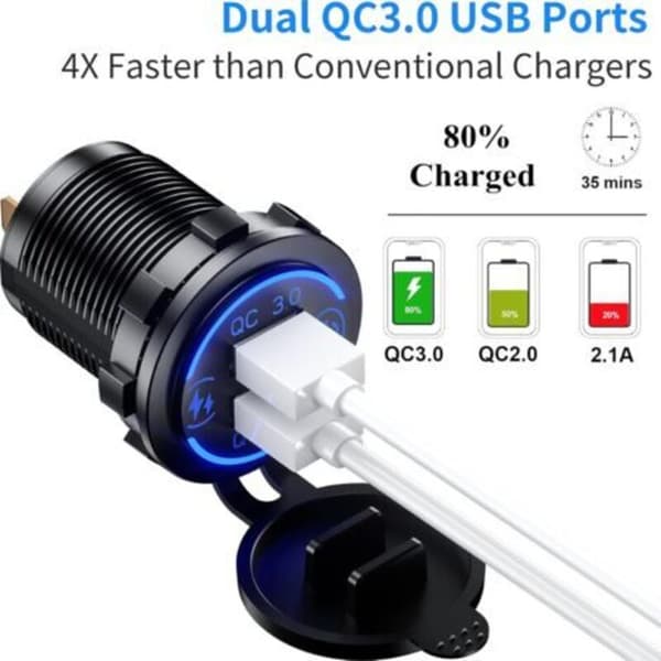 Dobbel USB 3.0-lader, 12V/24V vanntett USB-kontakt med berøringsbryter for bil, båt, bobil, blå