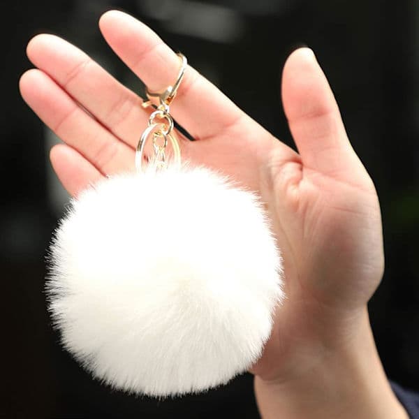 Blød Kunstig Kanin (Hvid) Pels Nøglering Pompom Bold Fluffy Nøgle - Spot Salg
