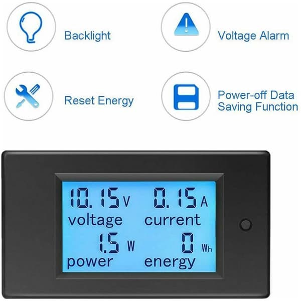 12V DC 6.5-100V 20A Voltmeter Ammeter, Spændingsmåler Wattmeter Tester, Digital LCD Strøm Energimåler DC20A