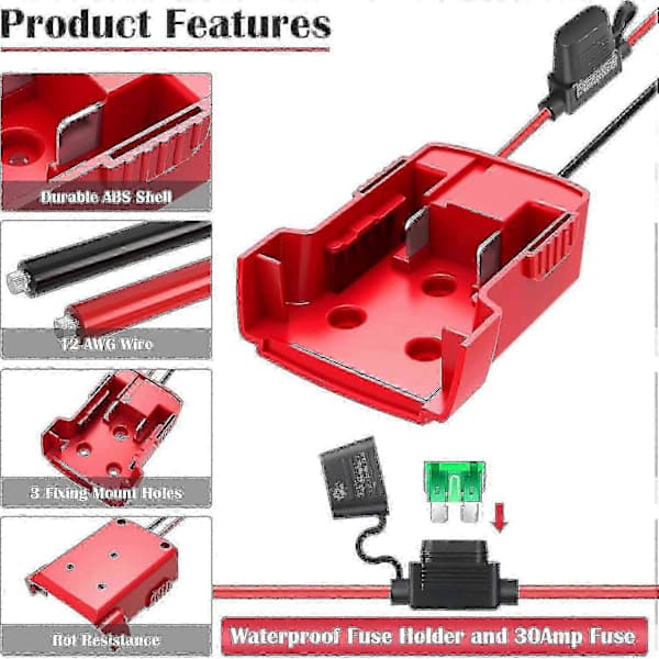 Strömhjulsadapter för Milwaukee M18-batteri 18V-omvandlare med säkringar och trådterminaler 2-pack